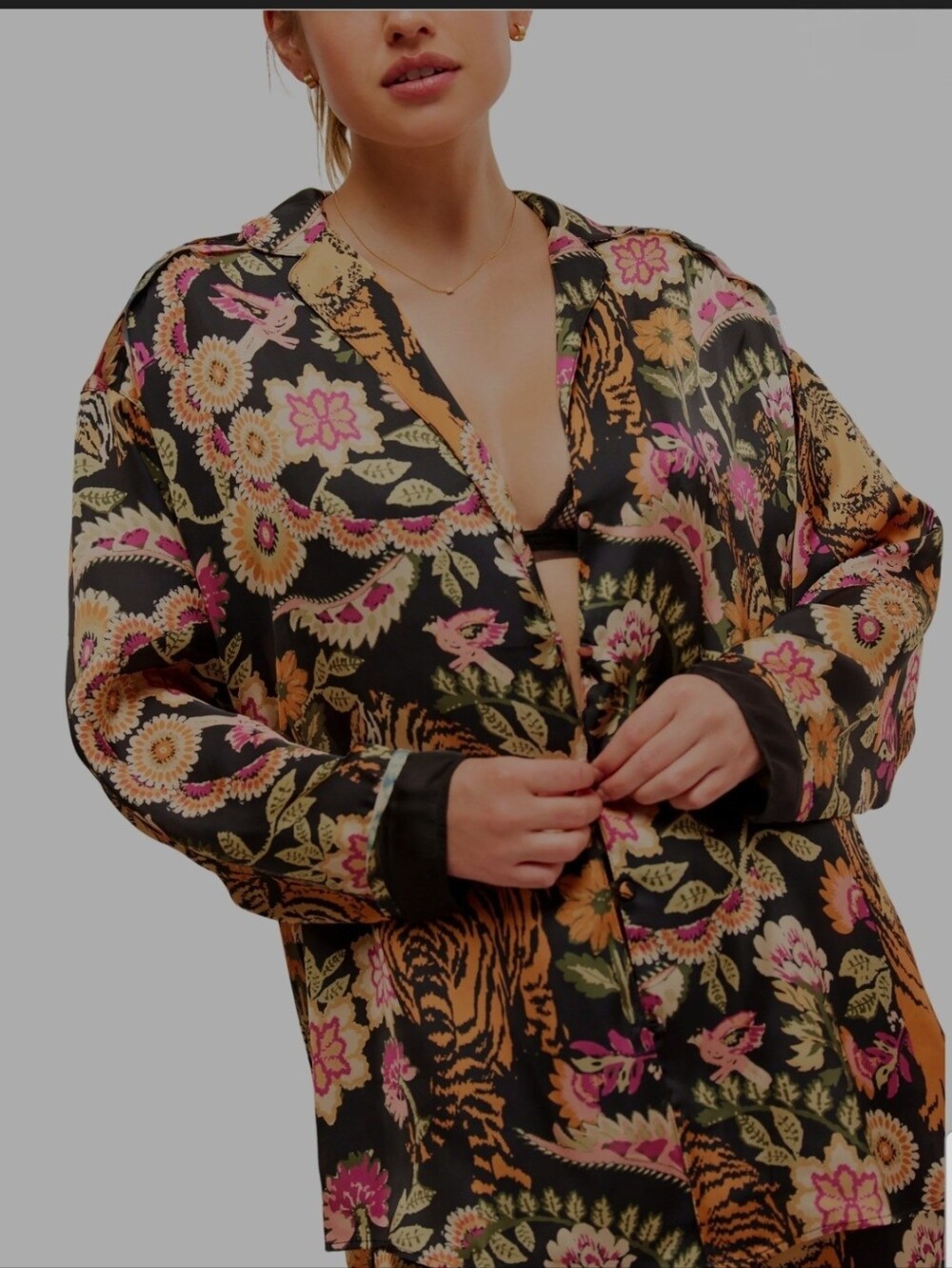 Free People Tiger Floral Satin Button Down Long Sleeve Pajama Top Medium Black